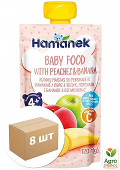 Пюре фруктове пауч яблуко з персиком і бананом Hamanek, 120г уп 8 шт1
