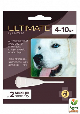 Краплі від бліх, кліщів, вошей та власоїдів UNICUM ULTIMATE (для собак 4-10 кг) s-метопрен, фіпроніл (UL-044)