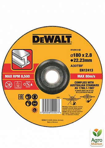 Круг отрезной DeWALT,  черный/цветной металл, 180х2.8х22.23 мм DT43912 ТМ DeWALT