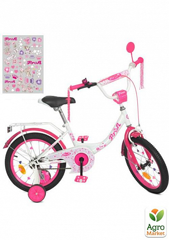 Велосипед дитячий PROF1 16д.  Princess,SKD45,ліхтар,дзвінок,дзеркало,дод.кол.,біло-малиновий