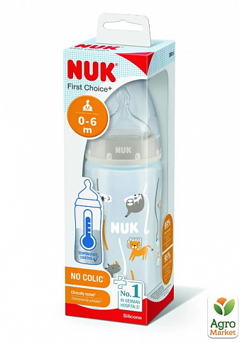Бутылочка FirstChoice пластик 300 мл NUK / соска силиконовая 0-6 месяцев / температурный контроль Сафари