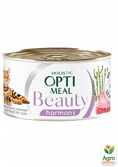 Дополнительный консервированный корм для кошек Optimeal Beauty Harmony полосатый тунец в желе с морскими водорослями 70 г (3674690)1