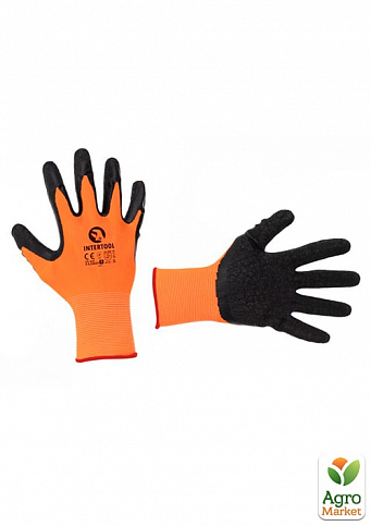 Перчатка трикотажная, синтетическая, оранжевая, покрыта черным рифленым латексом, 11" INTERTOOL SP-0119