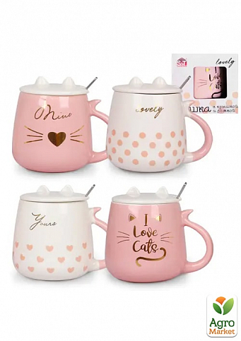 Чашка с крышкой и ложкой Cat`s style сердечки розовые на белом 460мл (20625) - фото 2