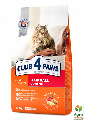 Сухой корм Клуб 4 Лапы Премиум для взрослых кошек с эффектом выведения шерсти из пищеварительной системы 5 кг (3025060)