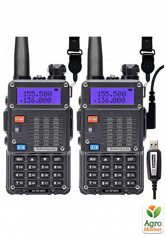 Рація Baofeng UV-5R MK5 комплект 2 шт., UHF/VHF, 8 Вт, 1800 мАг + Кабель Mirkit для програмування + Ремшок на шию Mirkit (8130)
