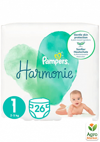 PAMPERS Дитячі одноразові підгузки Harmonie Розмір 1 Newborn (2-5 кг) Середня 26 шт