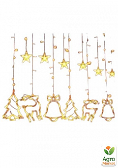 Новогодняя Гирлянда Штора с 12 фигурами золото  Звезды,Колокольчик, Елка, Олень 220V с переходником (XR-9G)4