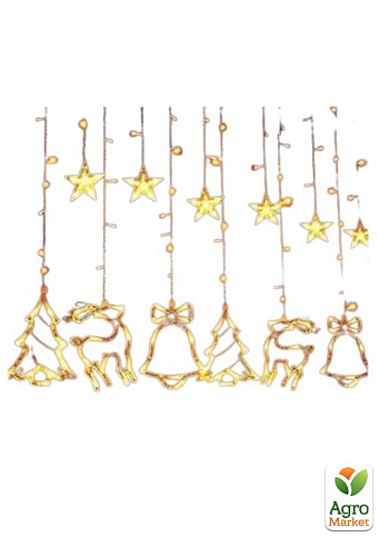 Новорічна Гірлянда Штора з 12 фігурами золото Зірки,Дзвіночок,Ялинка,Олень 220V з перехідником (XR-9G)