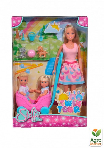 Кукольный набор Штеффи, Эви и Тимми "Прогулка двойни" с любимцами и аксессуарами, 3+ Simba Toys