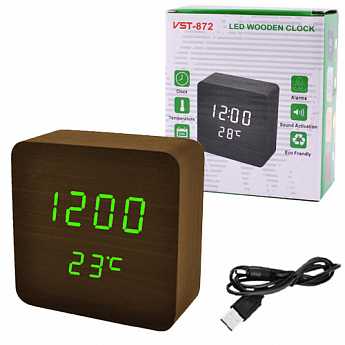 Часы сетевые VST-872-4, зеленые, (корпус коричневый) температура, USB - фото 2