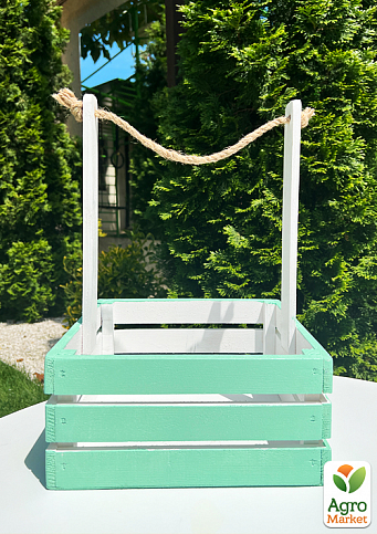 Ящик декоративный деревянный для хранения и цветов "Прованс" д. 25см, ш. 27см, в. 13см, высота с ручкой 40см. (бирюзовый с деревянными ручками) - фото 3