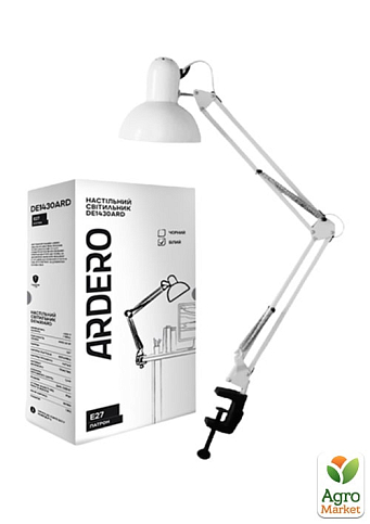 Настільний світильник Ardero DE1430ARD на струбціні білий E27, мережевий кабель з вимк. 1,5м (335*335*155мм) (01960)