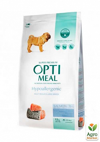 Сухой полнорационный корм Optimeal гипоаллергенный для взрослых собак средних и больших пород с лососем 12 кг (3412920)