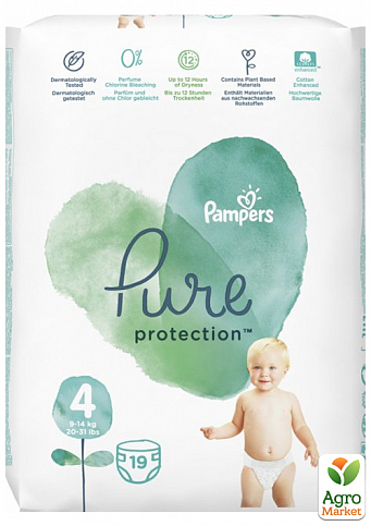 PAMPERS Дитячі одноразові підгузки Pure Protection Розмір 4 Maxi (9-14 кг) Середня 19 шт