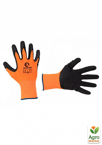 Перчатка трикотажная, синтетическая, оранжевая, покрыта черным рифленым латексом, 8" INTERTOOL SP-0118