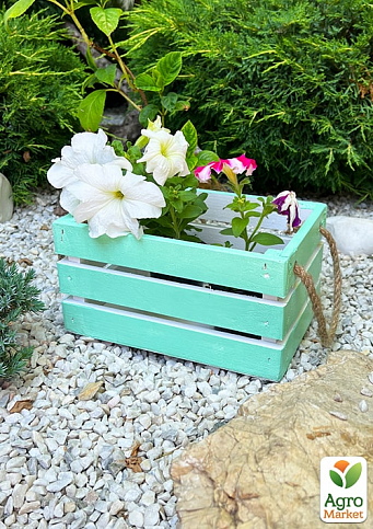Ящик декоративный деревянный для хранения и цветов "Бланш" д. 25см, ш. 17см, в. 13см. (бирюзовый с ручками)