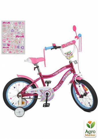 Велосипед детский PROF1 18д. Unicorn, SKD45,фонарь,звонок,зеркало,доп.кол.,малиновый (Y18242S)