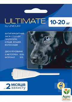 Краплі від бліх, кліщів, вошей та власоїдів UNICUM ULTIMATE (для собак 10-20 кг) s-метопрен, фіпроніл 1,6мл (UL-045)2