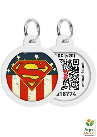 Адресник для собак та котів металічний WAUDOG Smart ID з QR паспортом, малюнок "Супермен Америка", круг, Д 25 мм (0625-1010)