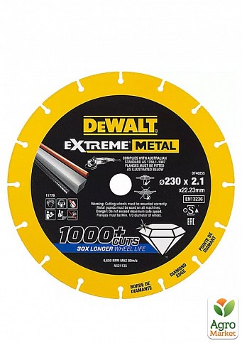 Диск алмазний DeWALT, сталь / алюміній / кольорові метали / арматура / нержавіюча сталь, 230х1.5х22.23 мм DT40255 ТМ DeWALT