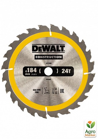 Диск пильний DeWALT CONSTRUCTION, 184 х 16 мм, 24z (ATB), 16 градусів DT1939 ТМ DeWALT