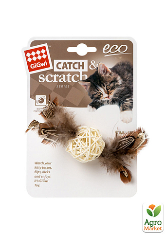 Игрушка для кошек Плетеный мячик с колокольчиком и перьями GiGwi Catch&scratch перо, дерево, 13 см (75047) - фото 2