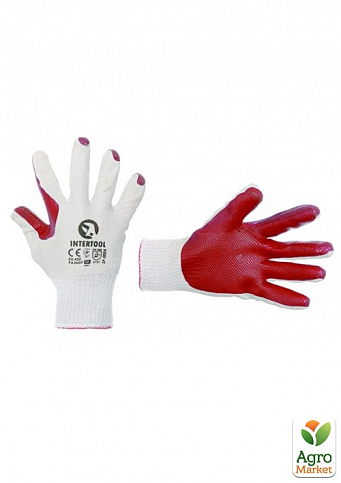 Перчатка трикотажная, поликоттон, стекольщика (каменщика), с латексным покрытием красного цвета, 10" INTERTOOL SP-0004