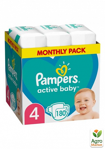 PAMPERS Детские одноразовые подгузники Active Baby Размер 4 Maxi (9-14 кг) Мега Супер Упаковка 180 шт