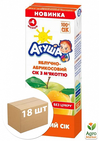 Сок яблочно-абрикосовый (с мякотью) ТМ "Агуша" 0,2л упаковка 18шт