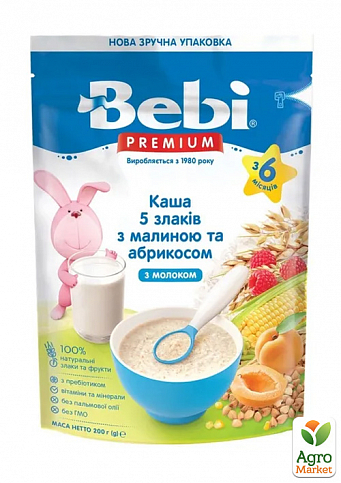 Каша молочная  5 злаков с малиной и абрикосом Bebi Premium, 200г