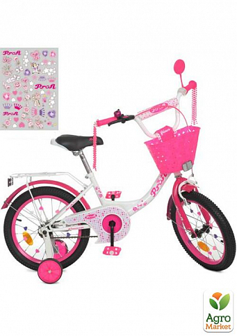 Велосипед детский PROF1 16д. Princess,SKD75,фонарь,звонок,зеркало,доп.кол.,корзина,бело-малиновый (Y1614-1)