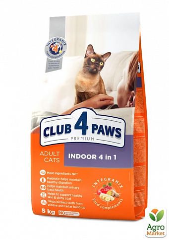 Сухой корм Клуб 4 Лапы Премиум для взрослых кошек, живущих в помещении 4 в 1, 5 кг (2993320)