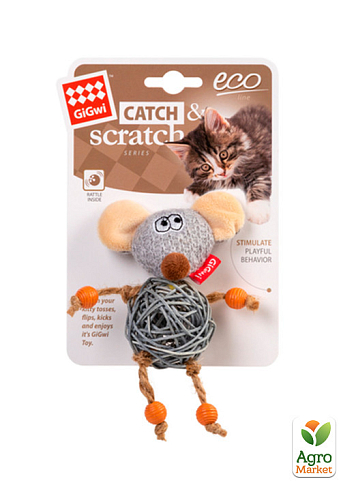Игрушка для кошек Мышка с колокольчиком GiGwi Catch&Scratch, текстиль, веревка, ротанг, 8 см (2300) - фото 2