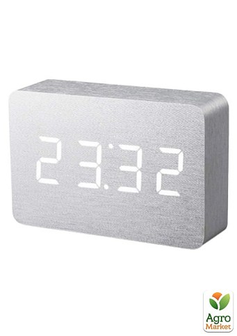 Часы-будильники на аккумуляторе с термометром "BRICK", белый алюминий (GK15W6) 