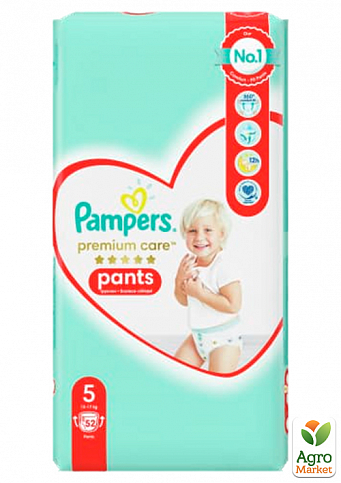 PAMPERS Дитячі одноразові підгузки-трусики Premium Care Pants Розмір 5 Junior (12-17 кг) Джамбо Плюс Упаковка 52 шт