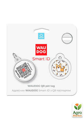 Адресник для собак и кошек металлический WAUDOG Smart ID с QR паспортом, рисунок "Корги", круг, Д 25 мм (0625-0212) - фото 3