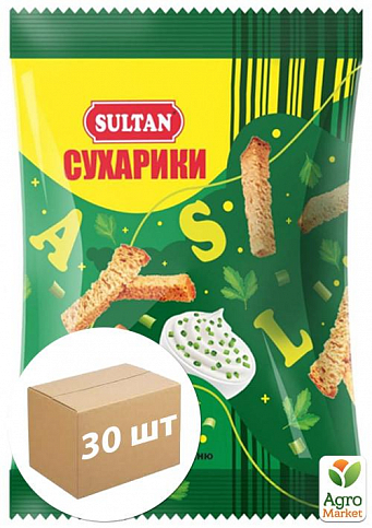 Сухарики пшеничные со вкусом Сметаны с зеленью ТМ "Sultan" 90г упаковка 30 шт
