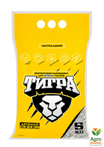 Натуральний бентонітовий наповнювач для котячих туалетів Тигра, 5 кг, гранула міні 0,4-1,5 мм, жовтий (5200)