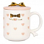 Чашка с крышкой-подставкой для моб телефона Бантик сердечки розовые на белом 360мл (20626)