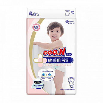 Подгузники GOO.N Plus для детей 9-14 кг (размер L, на липучках, унисекс, 54 шт)