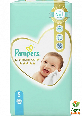 PAMPERS детские подгузники Premium Care Размер 5 Junior (11-16 кг) Джамбо 58 шт