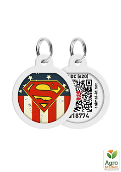 Адресник для собак і кішок металевий WAUDOG Smart ID з QR паспортом, малюнок "Супермен Америка", коло (0625-1010uk)2