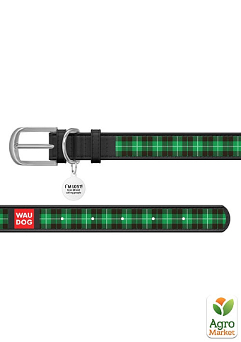 Ошейник WAUDOG Design с рисунком "Шотландка зеленая", премиум кожа, металлическая пряжка (ширина 20 мм, длина 30-39 см) черный (0020-0099-01) - фото 3