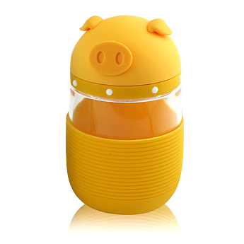 Кружка зі скла в силіконовому захисті з кришкою та ремінцем Piggy жовта SKL11-203688