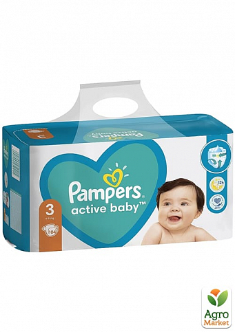 PAMPERS Детские одноразовые подгузники Active Baby Размер 3 Midi (6-10 кг) Джайнт Плюс Упаковка 104 шт