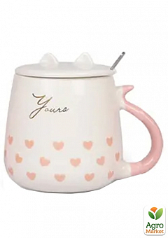 Чашка з кришкою і ложкою Cat's style сердечка рожеві на білому 460мл (20625)2