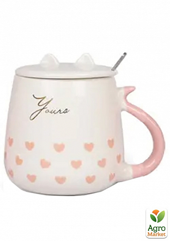 Чашка с крышкой и ложкой Cat`s style сердечки розовые на белом 460мл (20625)