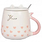 Чашка с крышкой и ложкой Cat`s style сердечки розовые на белом 460мл (20625)